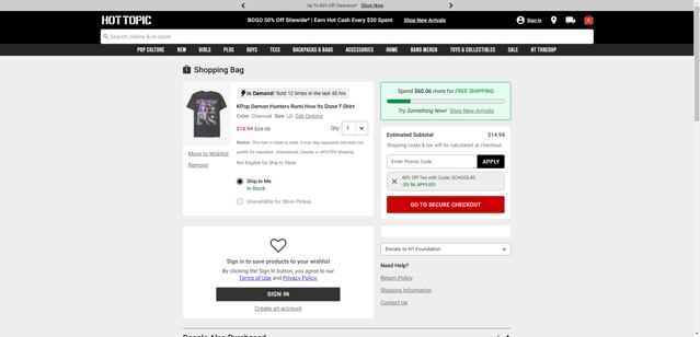 Hot Topic checkout page showing Hot Topic promo code box | Screenshot taken by SimplyCodes community member on Aug 24, 2025