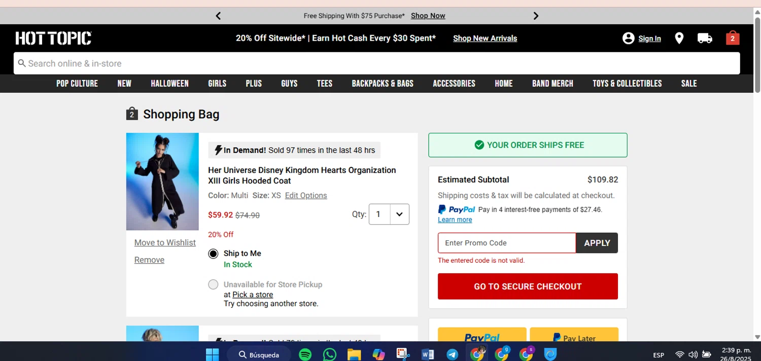 Hot Topic promo code screenshot showing code SCHOOL40 applied at Hot Topic checkout page. Uploaded by SimplyCodes community member luisaballera on Aug 26, 2025