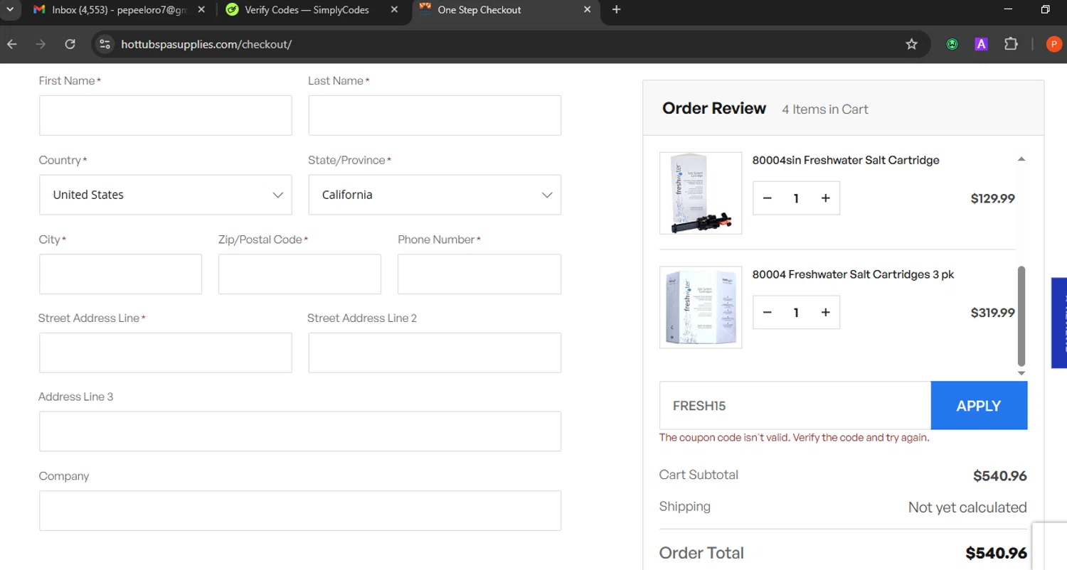 Hot Tub Spa Supplies discount code screenshot showing code FRESH15 applied at Hot Tub Spa Supplies checkout page. Uploaded by SimplyCodes community member Eminem on Feb 7, 2026