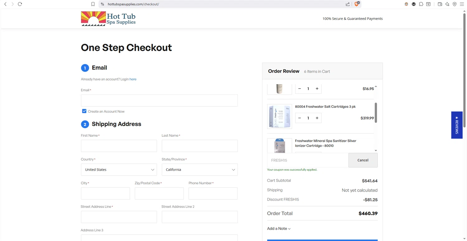 Hot Tub Spa Supplies checkout page showing Hot Tub Spa Supplies discount code box | Screenshot taken by SimplyCodes community member on Jan 9, 2026