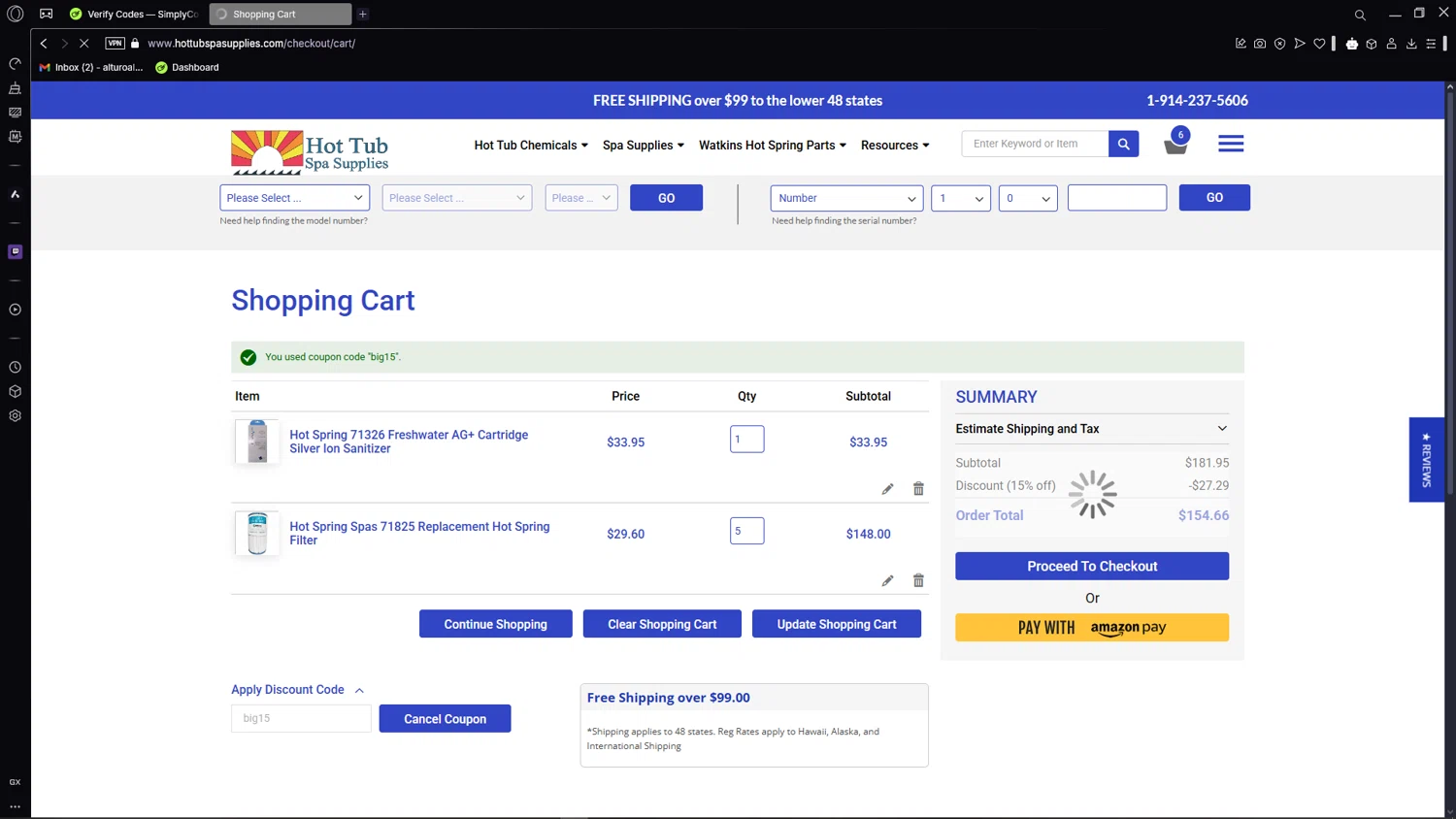 Hot Tub Spa Supplies discount code screenshot showing code big15 applied at Hot Tub Spa Supplies checkout page. Uploaded by SimplyCodes community member CleverSage7079 on Apr 13, 2025