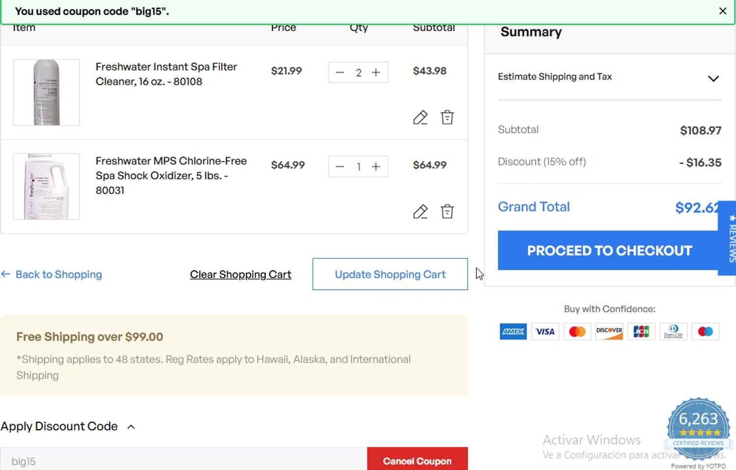 Hot Tub Spa Supplies discount code screenshot showing code big15 applied at Hot Tub Spa Supplies checkout page. Uploaded by SimplyCodes community member ligthYA on Oct 30, 2025