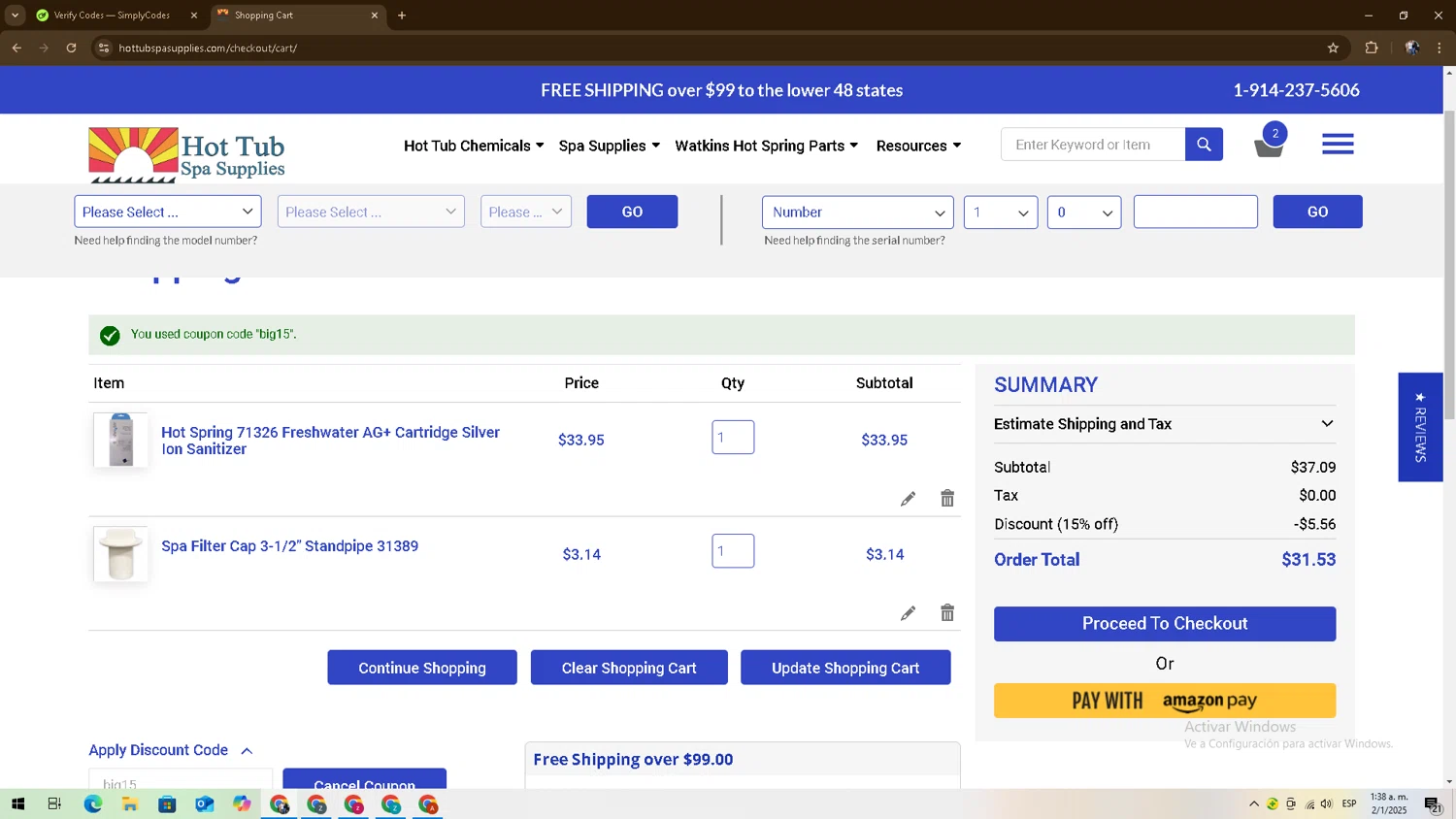 Hot Tub Spa Supplies discount code screenshot showing code big15 applied at Hot Tub Spa Supplies checkout page. Uploaded by SimplyCodes community member zadquiel on Jan 2, 2025
