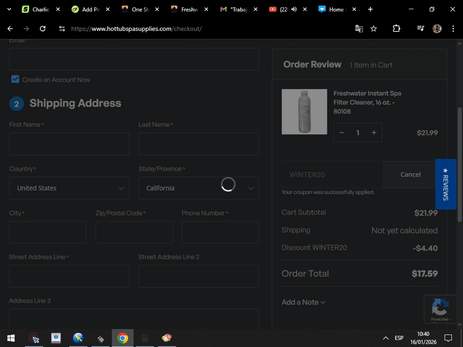 Hot Tub Spa Supplies discount code screenshot showing code WINTER20 applied at Hot Tub Spa Supplies checkout page. Uploaded by SimplyCodes community member MarcosAranguren on Jan 16, 2026
