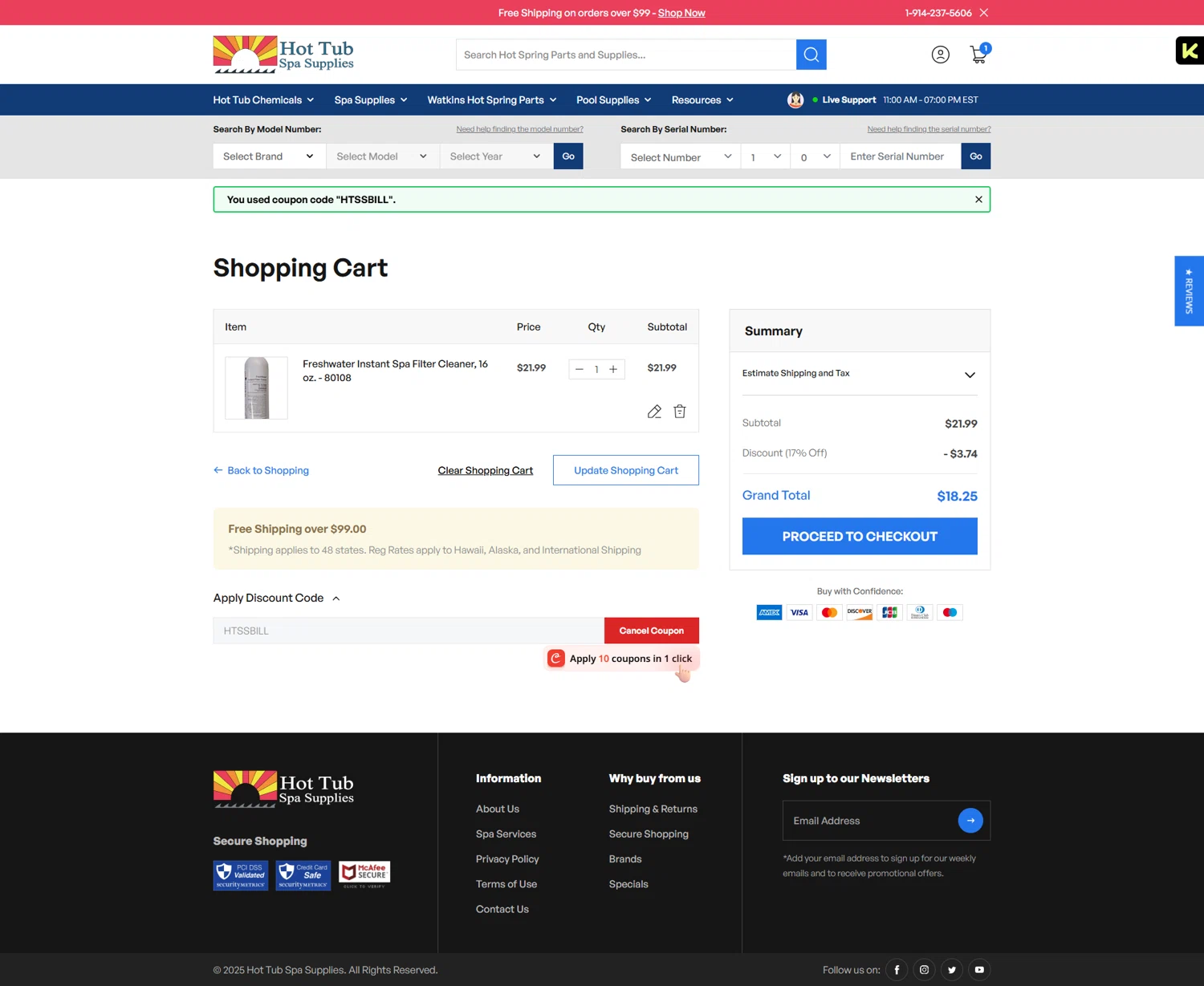 Hot Tub Spa Supplies discount code screenshot showing code HTSSBILL applied at Hot Tub Spa Supplies checkout page. Uploaded by SimplyCodes community member pabloprieto on Oct 26, 2025