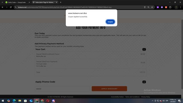 HOTWORX checkout page showing HOTWORX promo code box | Screenshot taken by SimplyCodes community member on Jun 3, 2025