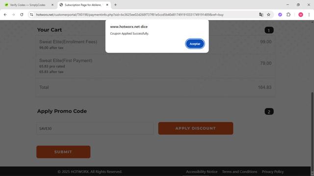 HOTWORX checkout page showing HOTWORX promo code box | Screenshot taken by SimplyCodes community member on Jun 6, 2025
