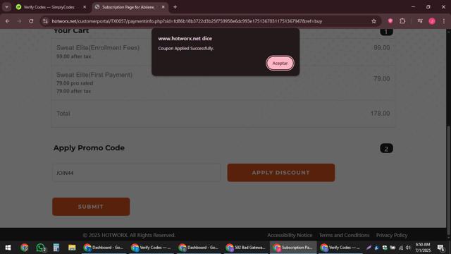 HOTWORX checkout page showing HOTWORX promo code box | Screenshot taken by SimplyCodes community member on Jul 1, 2025