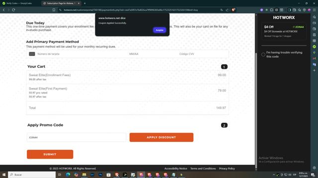 HOTWORX checkout page showing HOTWORX promo code box | Screenshot taken by SimplyCodes community member on Jul 12, 2025