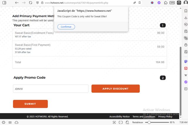 HOTWORX checkout page showing HOTWORX promo code box | Screenshot taken by SimplyCodes community member on Aug 4, 2025