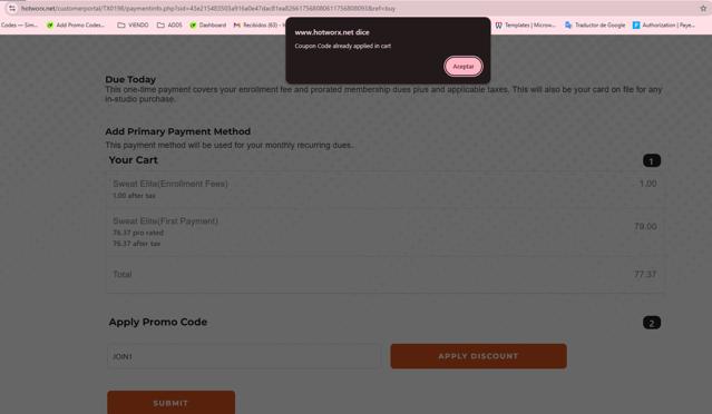 HOTWORX checkout page showing HOTWORX promo code box | Screenshot taken by SimplyCodes community member on Sep 2, 2025