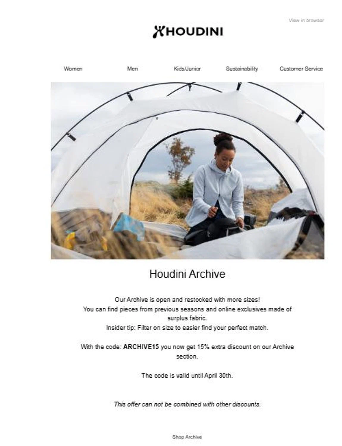 Houdini Sportswear discount code screenshot showing code ARCHIVE15 applied at Houdini Sportswear checkout page. Uploaded by SimplyCodes community member stygian1 on Apr 25, 2025