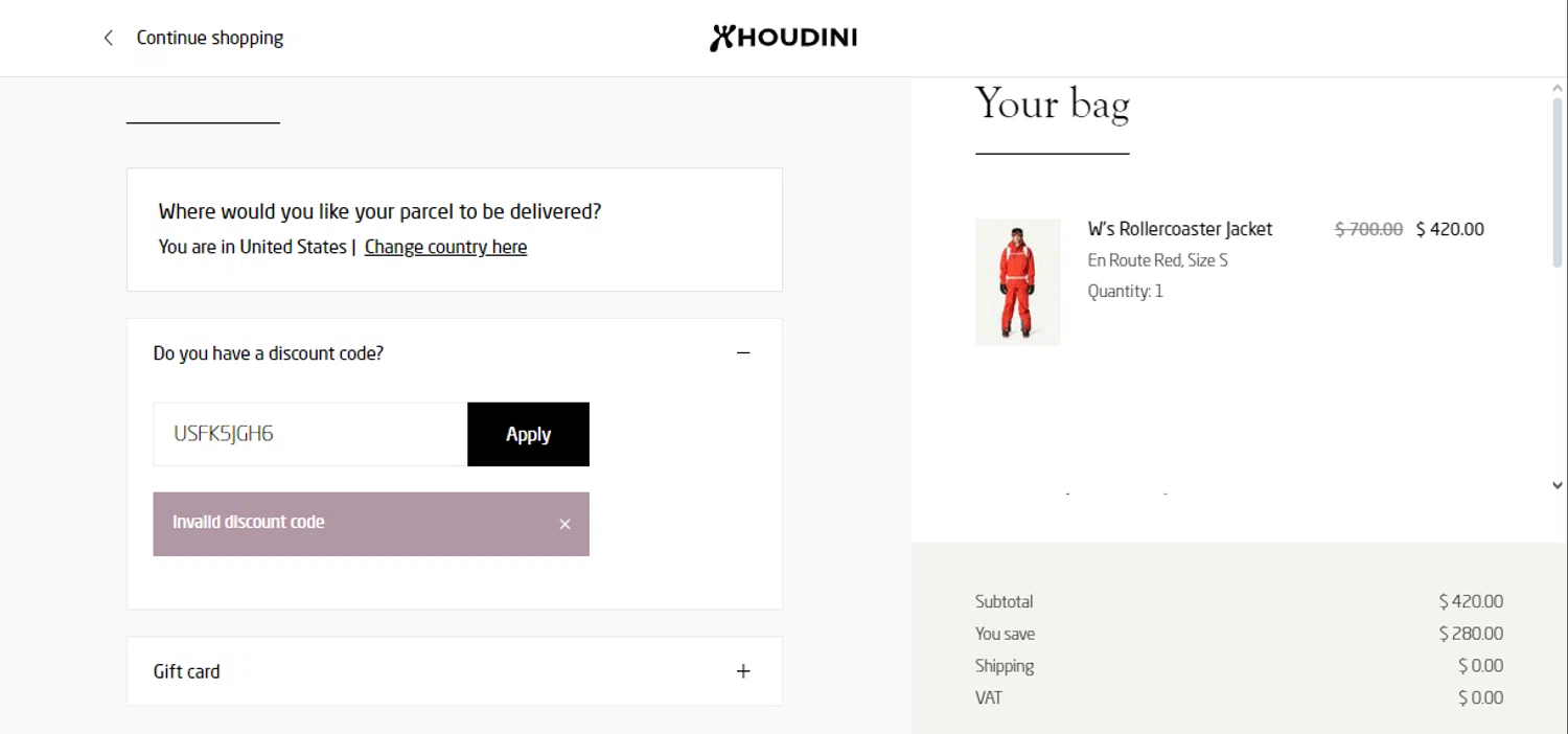 Houdini Sportswear discount code screenshot showing code USFK5JGH6 applied at Houdini Sportswear checkout page. Uploaded by SimplyCodes community member ligthYA on Mar 1, 2025