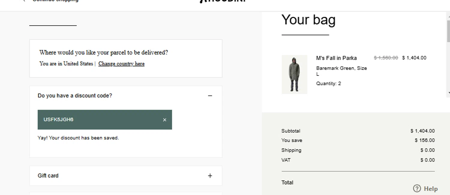 Houdini Sportswear checkout page showing Houdini Sportswear discount code box | Screenshot taken by SimplyCodes community member on Jan 18, 2025