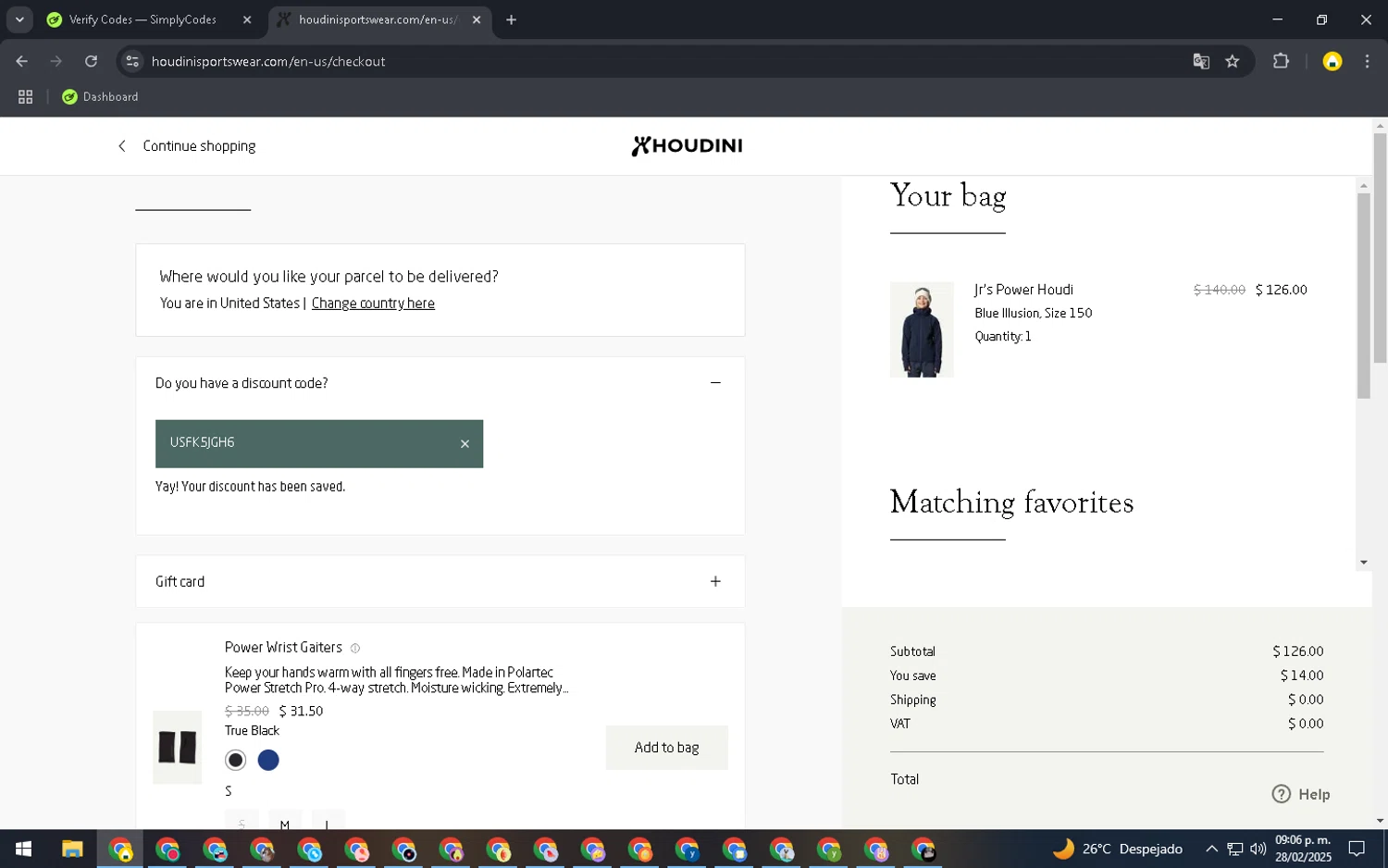 Houdini Sportswear discount code screenshot showing code USFK5JGH6 applied at Houdini Sportswear checkout page. Uploaded by SimplyCodes community member SavingsElite8466 on Mar 1, 2025