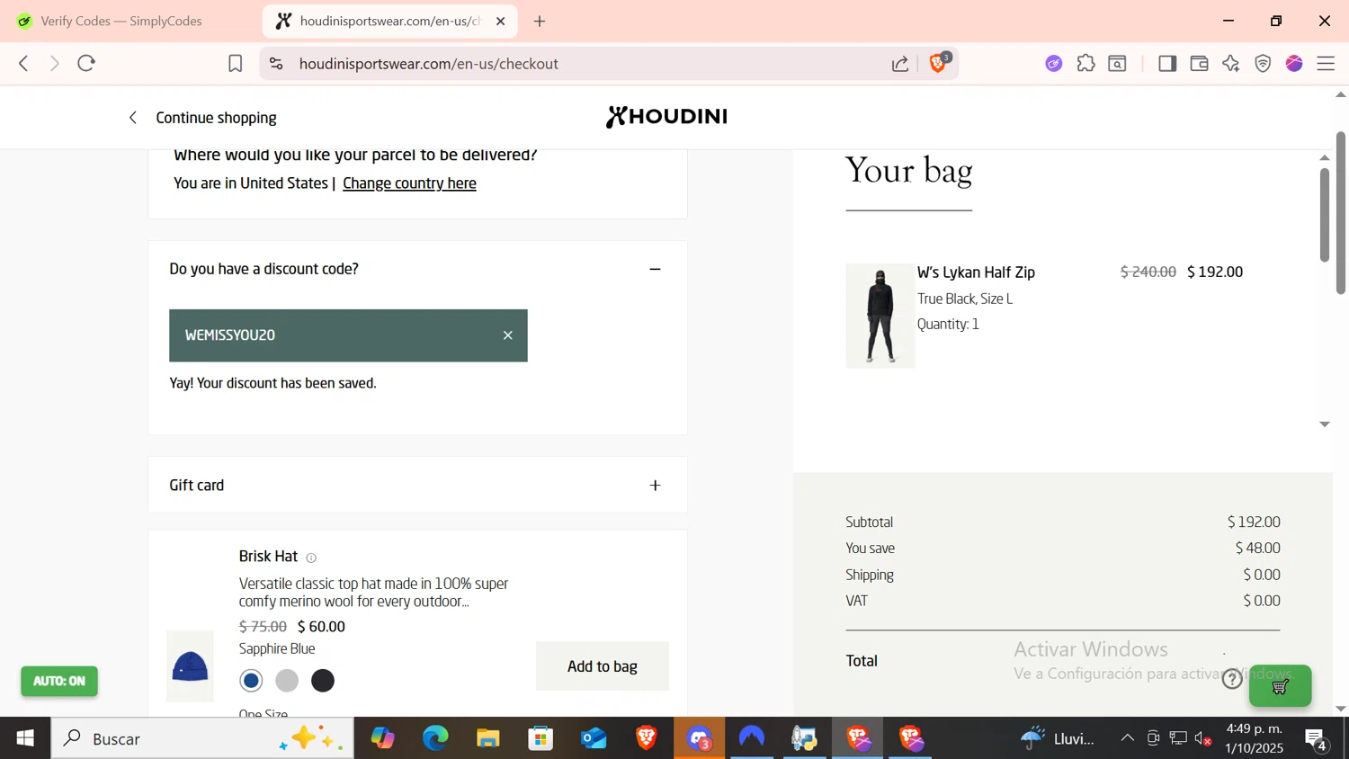 Houdini Sportswear checkout page showing Houdini Sportswear discount code box | Screenshot taken by SimplyCodes community member on Oct 1, 2025