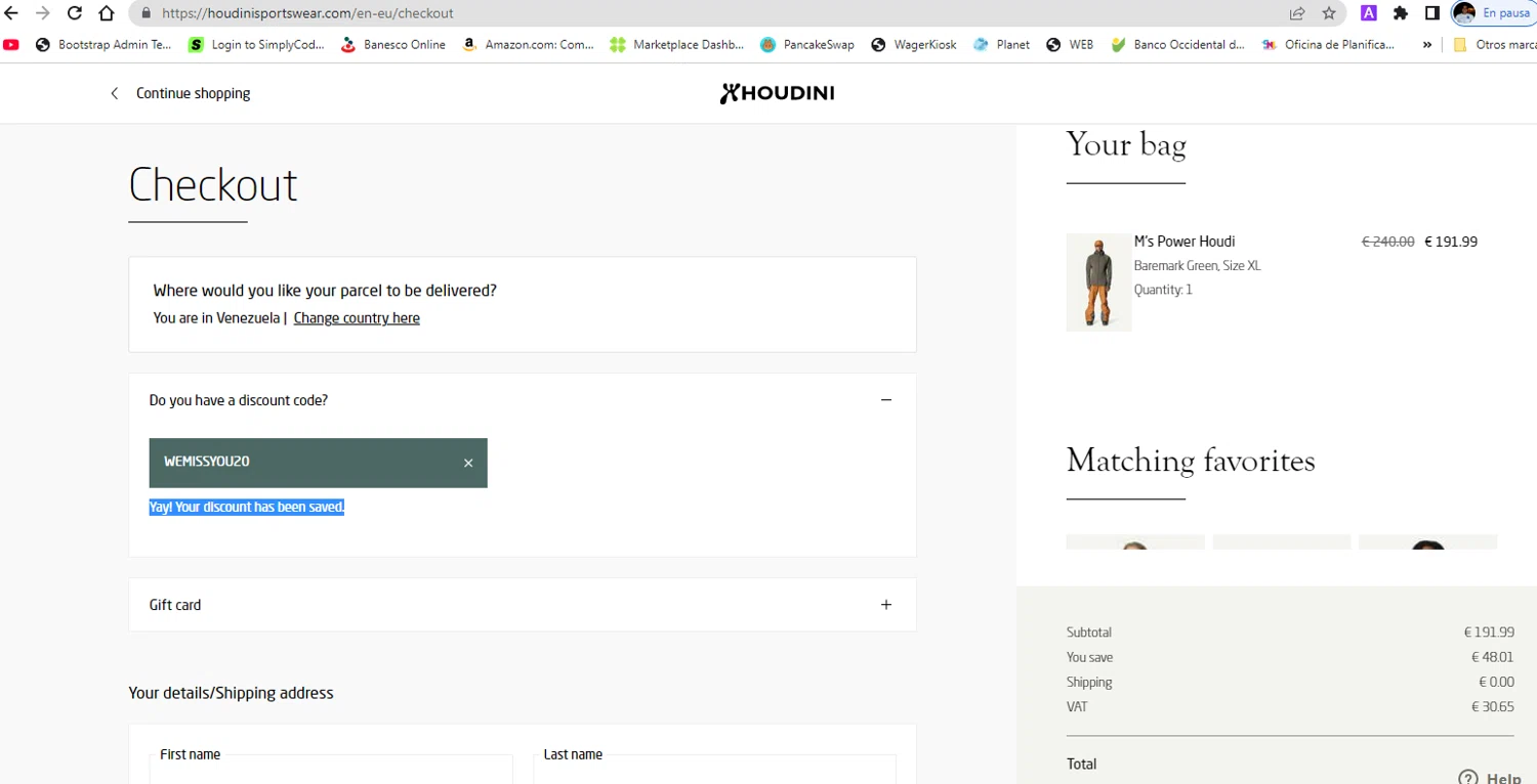 Houdini Sportswear checkout page showing Houdini Sportswear discount code box | Screenshot taken by SimplyCodes community member on Jan 22, 2026