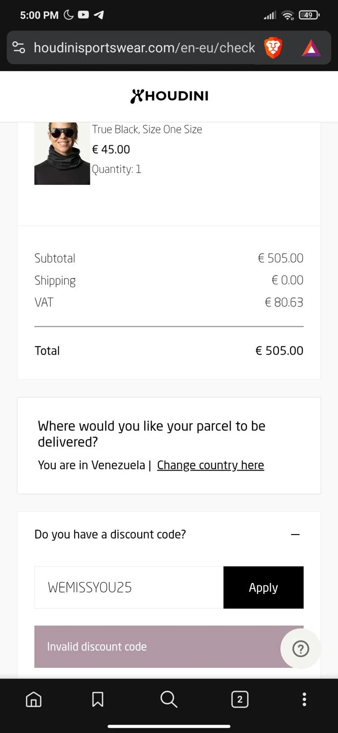 Houdini Sportswear discount code screenshot showing code WEMISSYOU25 applied at Houdini Sportswear checkout page. Uploaded by SimplyCodes community member Yamisukeiro on Oct 1, 2025