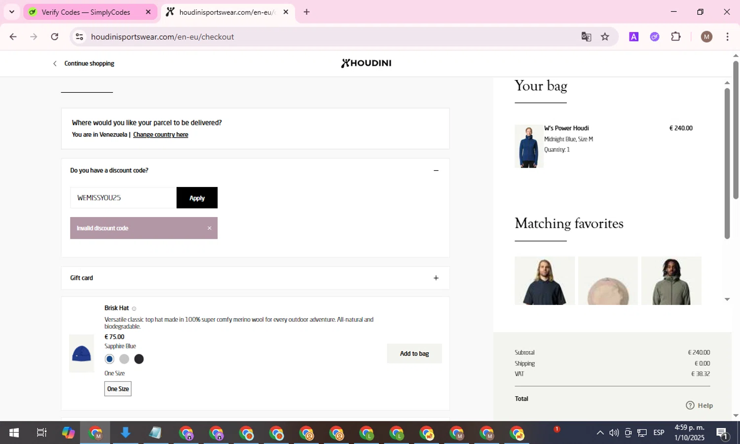 Houdini Sportswear discount code screenshot showing code WEMISSYOU25 applied at Houdini Sportswear checkout page. Uploaded by SimplyCodes community member FrugalGuardian6154 on Oct 1, 2025