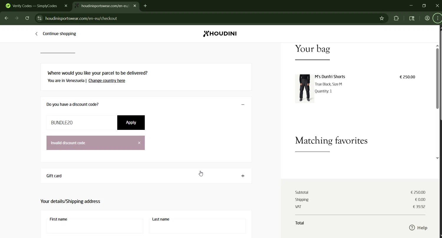 Houdini Sportswear discount code screenshot showing code BUNDLE20 applied at Houdini Sportswear checkout page. Uploaded by SimplyCodes community member CashWizard4502 on Jan 11, 2026