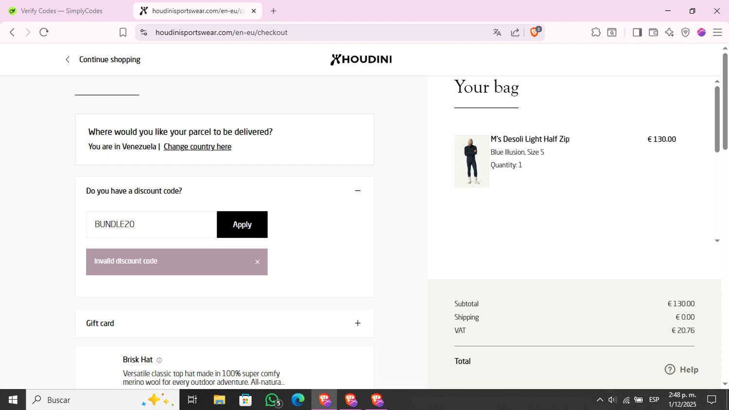 Houdini Sportswear discount code screenshot showing code BUNDLE20 applied at Houdini Sportswear checkout page. Uploaded by SimplyCodes community member KimChrista_ on Dec 1, 2025