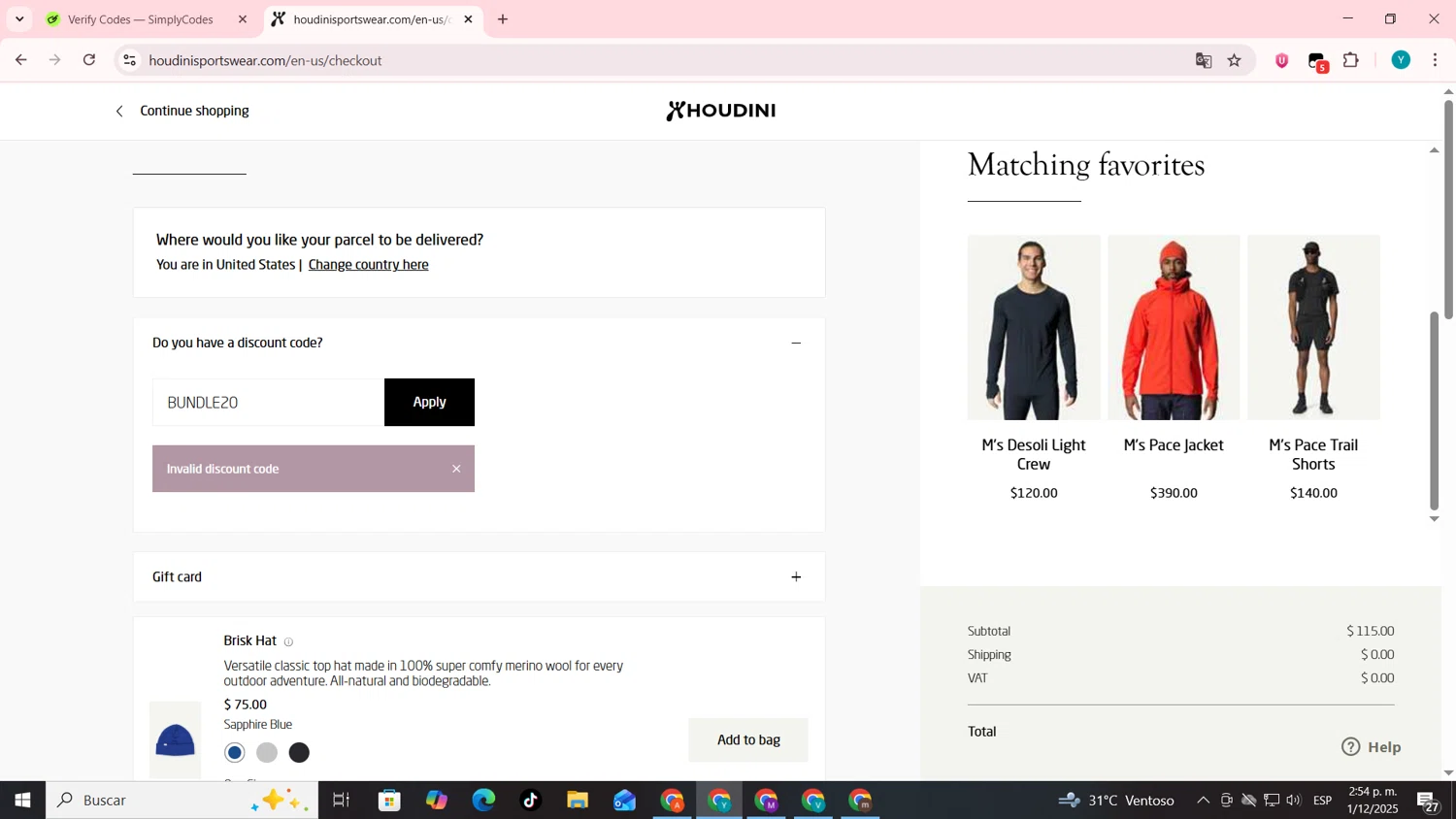 Houdini Sportswear discount code screenshot showing code BUNDLE20 applied at Houdini Sportswear checkout page. Uploaded by SimplyCodes community member codygakpo on Dec 1, 2025