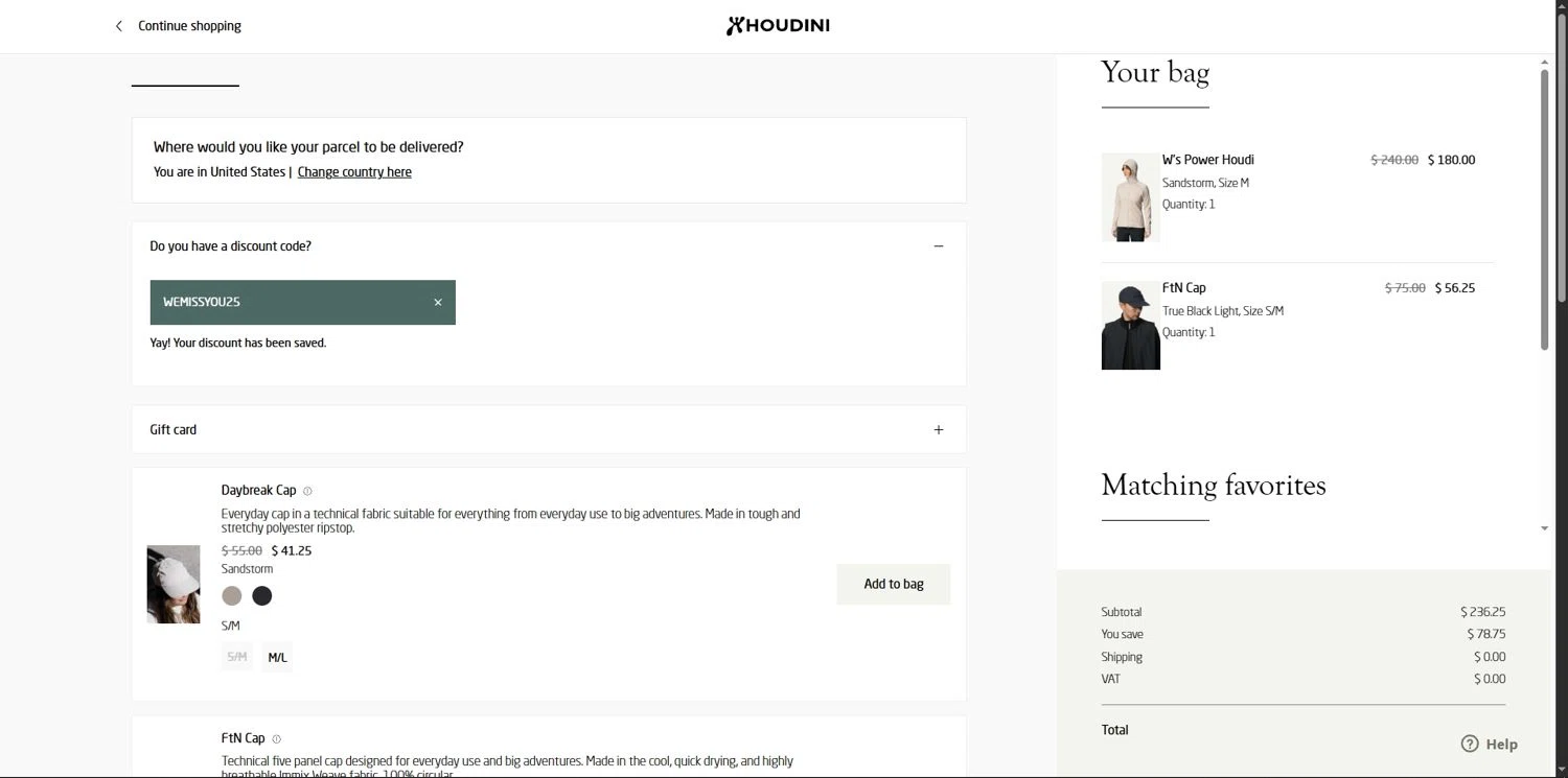 Houdini Sportswear discount code screenshot showing code WEMISSYOU25 applied at Houdini Sportswear checkout page. Uploaded by SimplyCodes community member Depressive on Sep 2, 2025