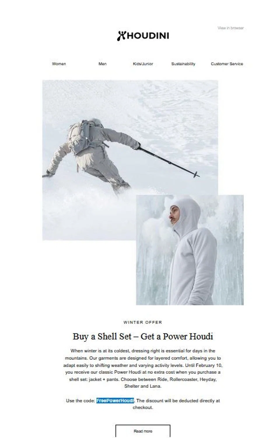 Houdini Sportswear discount code screenshot showing code FreePowerHoudi applied at Houdini Sportswear checkout page. Uploaded by SimplyCodes community member stygian1 on Nov 24, 2025