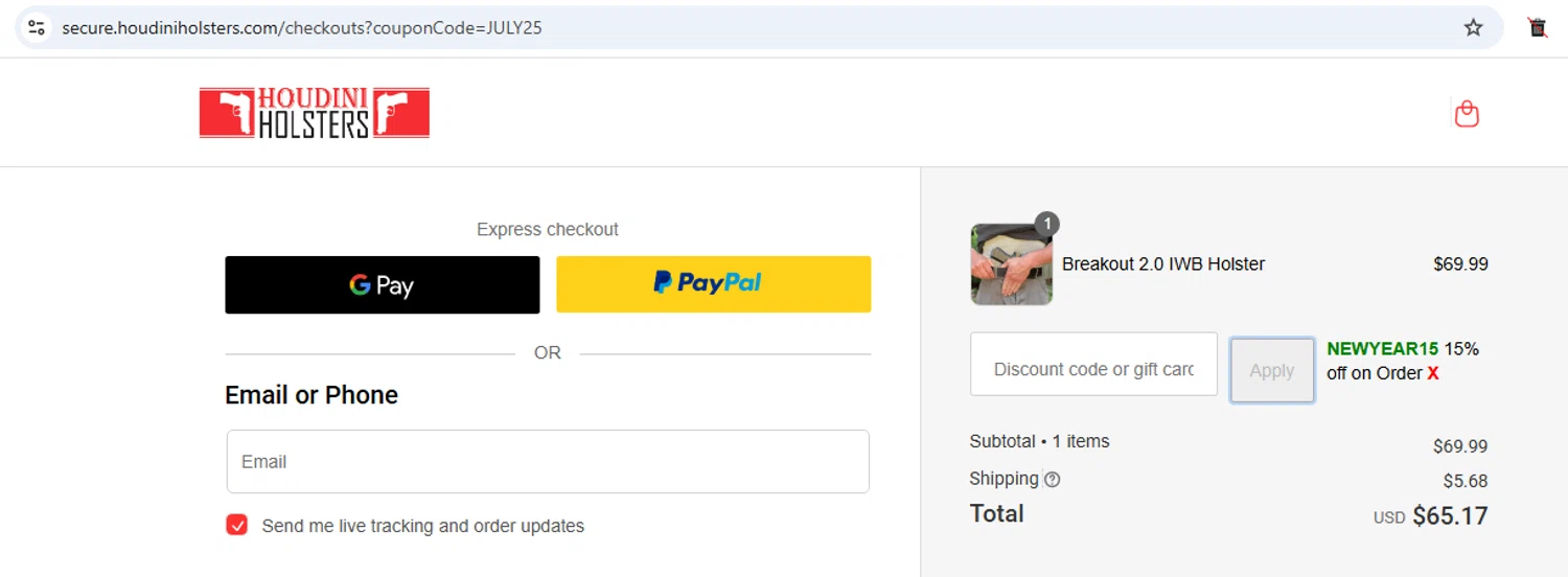 Houdini Holsters promo code screenshot showing code NEWYEAR15 applied at Houdini Holsters checkout page. Uploaded by SimplyCodes community member EMILIANOMASABE on Jun 7, 2026