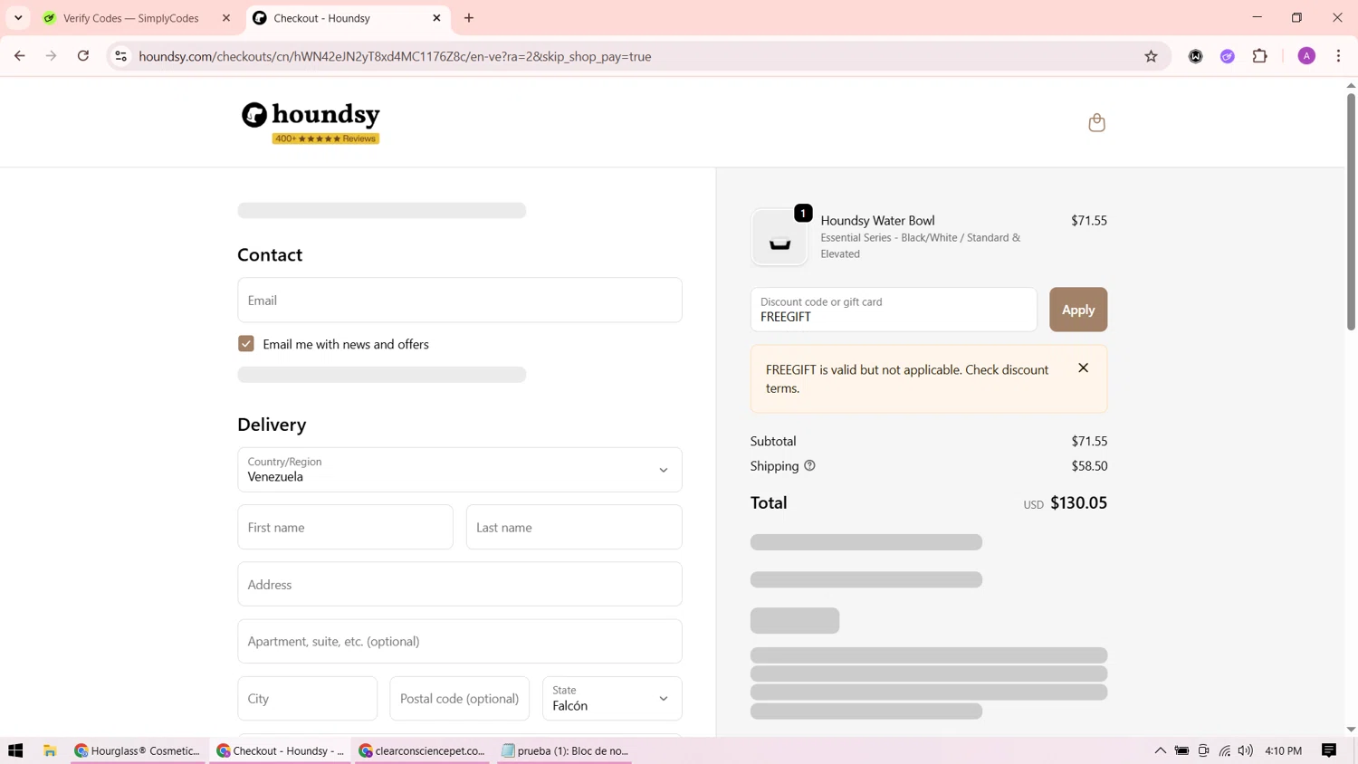 Houndsy discount code screenshot showing code FREEGIFT applied at Houndsy checkout page. Uploaded by SimplyCodes community member ShrewdMaverick9198 on Oct 12, 2025