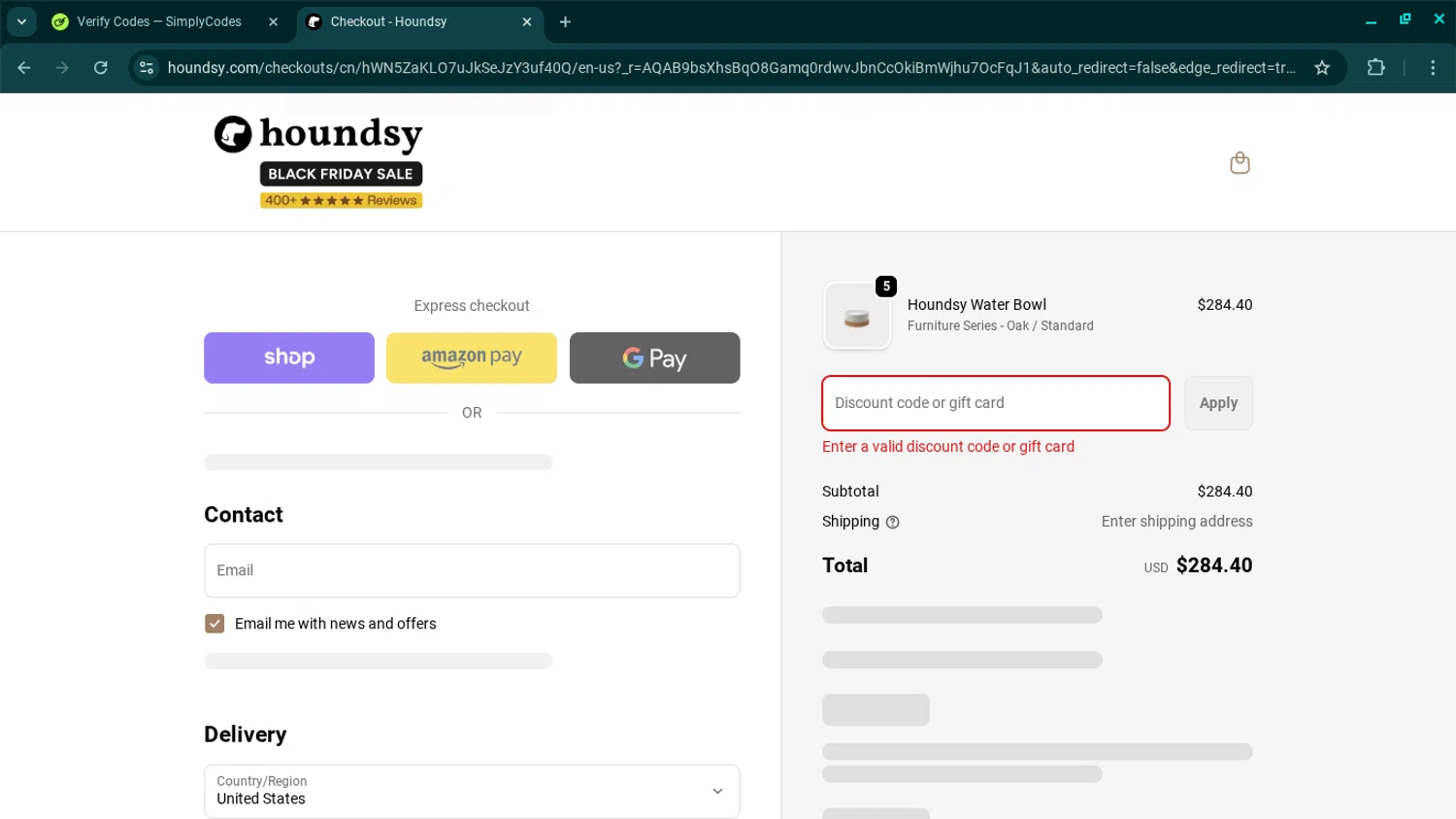 Houndsy discount code screenshot showing code FREEGIFT applied at Houndsy checkout page. Uploaded by SimplyCodes community member SwiftSage2309 on Nov 22, 2025