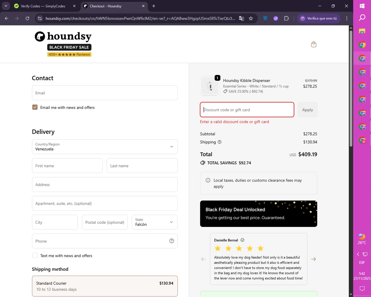 Houndsy discount code screenshot showing code spookypaws applied at Houndsy checkout page. Uploaded by SimplyCodes community member CoinRanger7926 on Nov 27, 2025