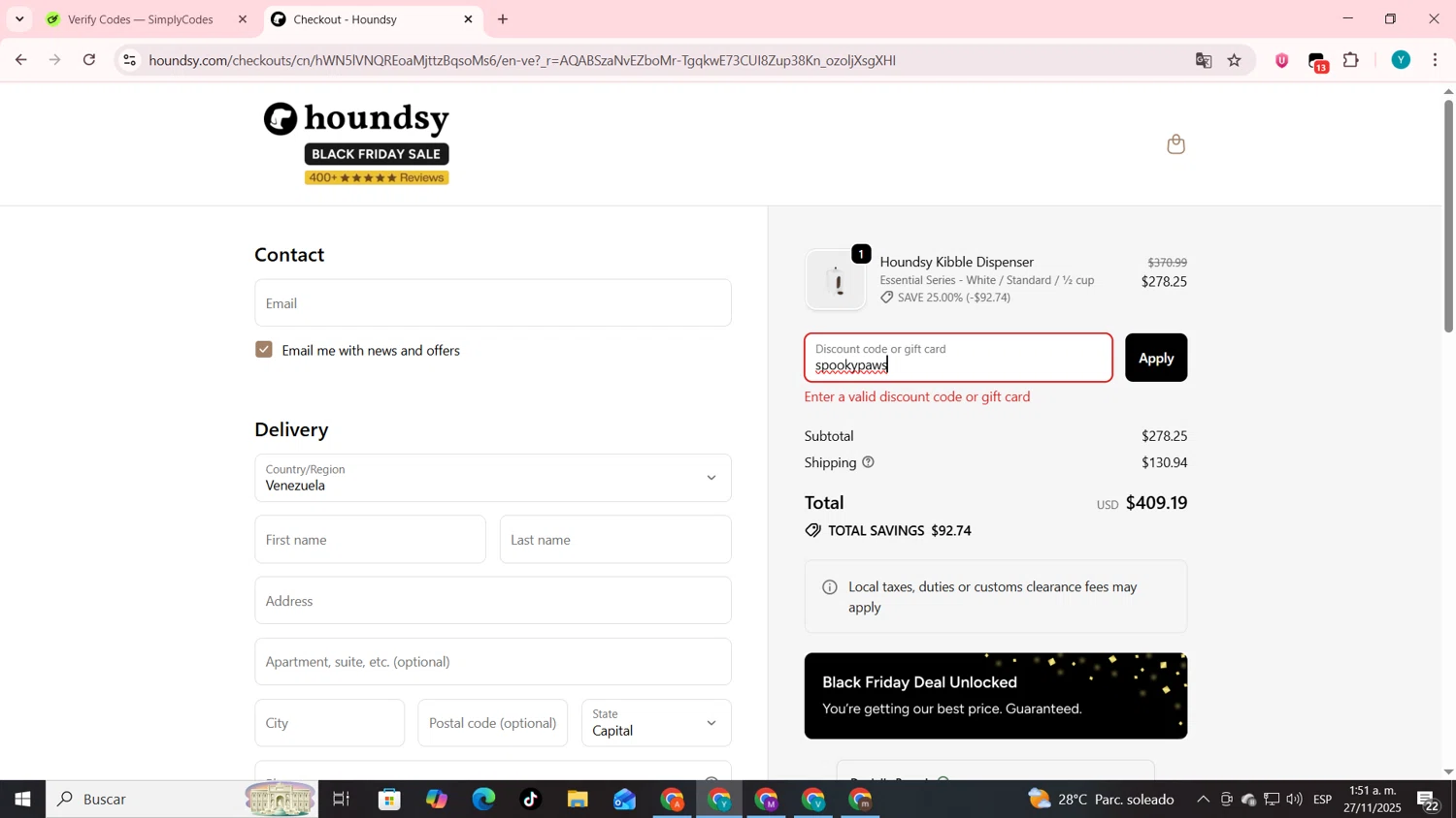Houndsy discount code screenshot showing code spookypaws applied at Houndsy checkout page. Uploaded by SimplyCodes community member codygakpo on Nov 27, 2025