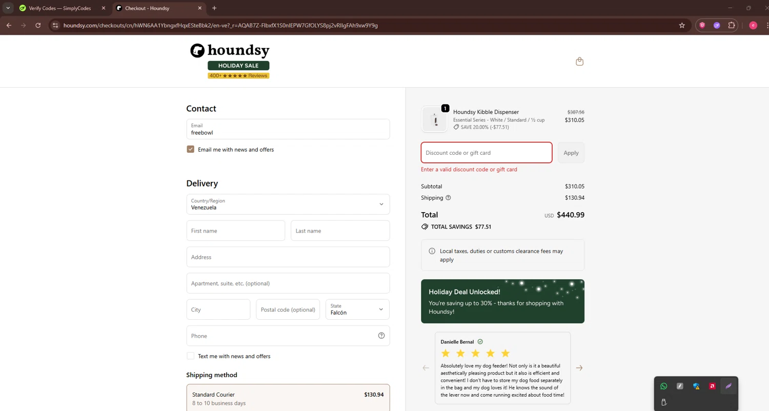 Houndsy discount code screenshot showing code freebowl applied at Houndsy checkout page. Uploaded by SimplyCodes community member TreasureWarden457 on Dec 7, 2025