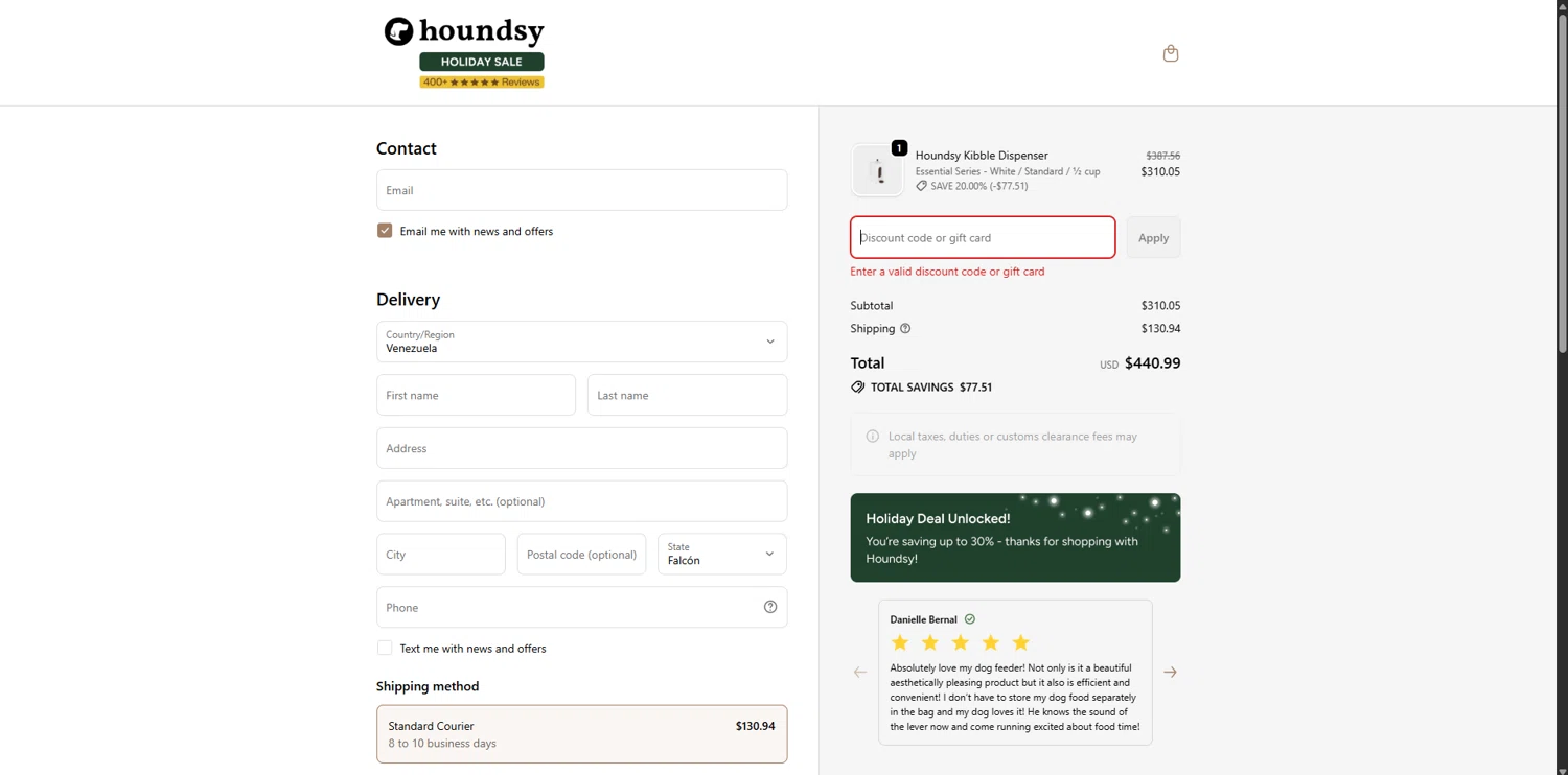 Houndsy discount code screenshot showing code FREEMAT applied at Houndsy checkout page. Uploaded by SimplyCodes community member TreasureHero9595 on Dec 7, 2025