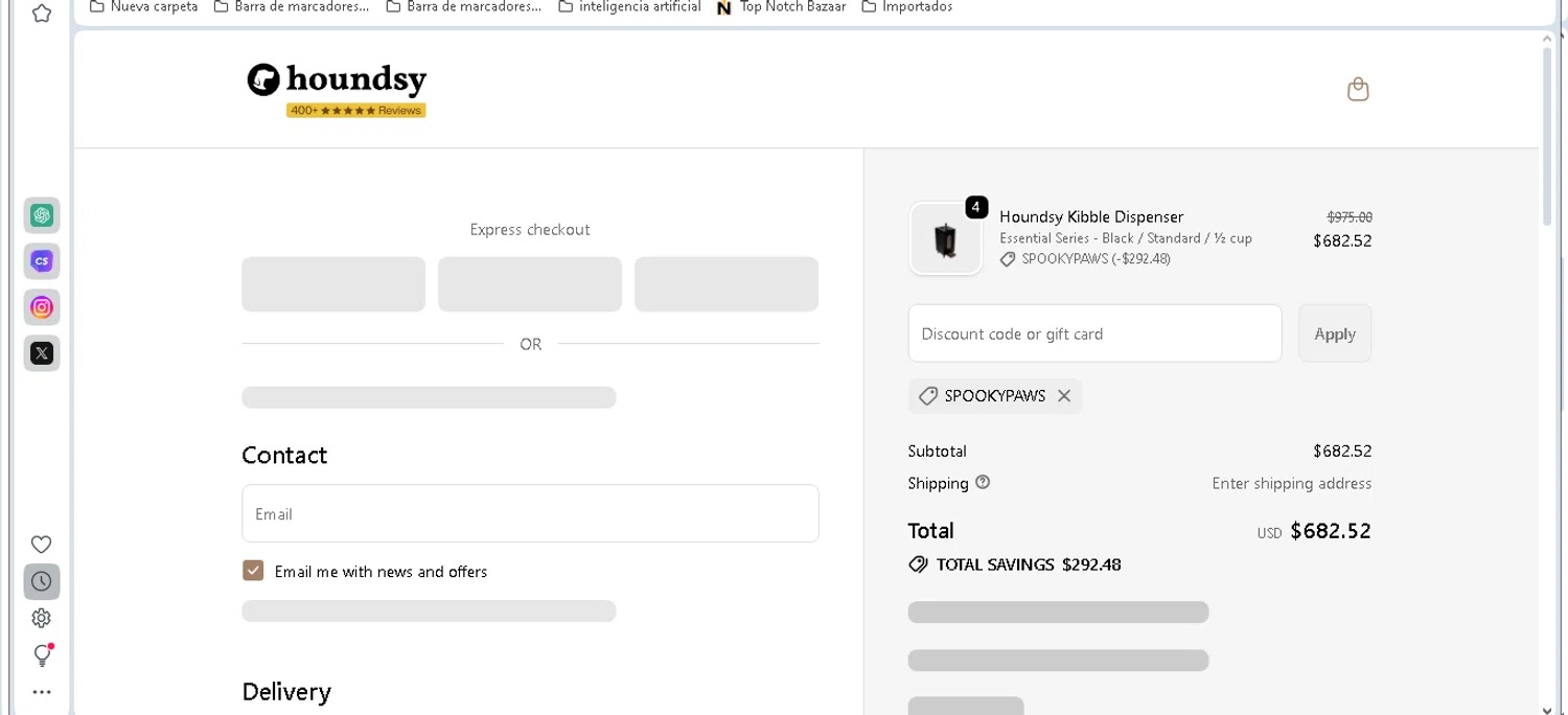 Houndsy discount code screenshot showing code spookypaws applied at Houndsy checkout page. Uploaded by SimplyCodes community member shark12 on Oct 31, 2025
