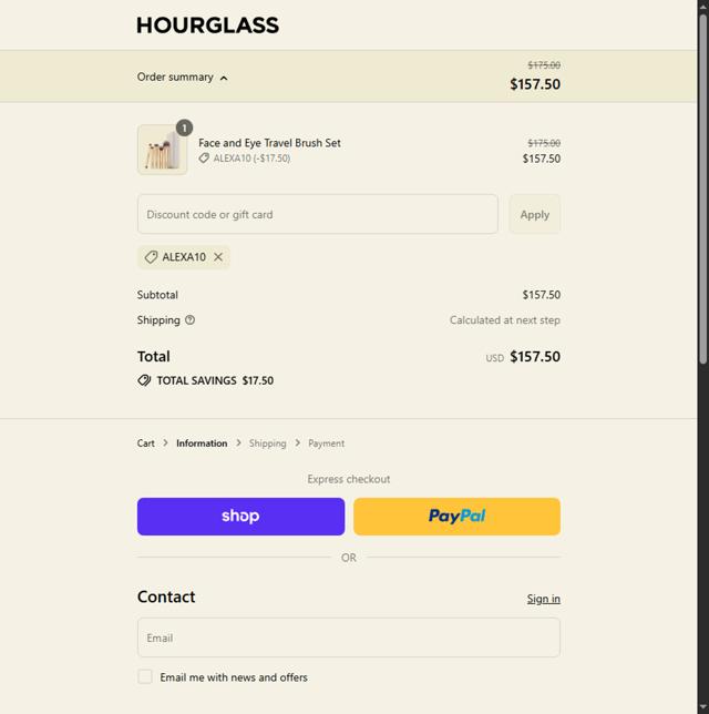 Hourglass checkout page showing Hourglass promo code box | Screenshot taken by SimplyCodes community member on Sep 14, 2025