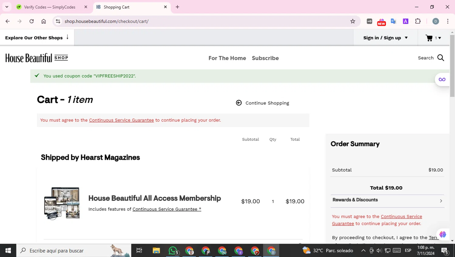 House Beautiful checkout page showing House Beautiful discount code box | Screenshot taken by SimplyCodes community member on Nov 7, 2024