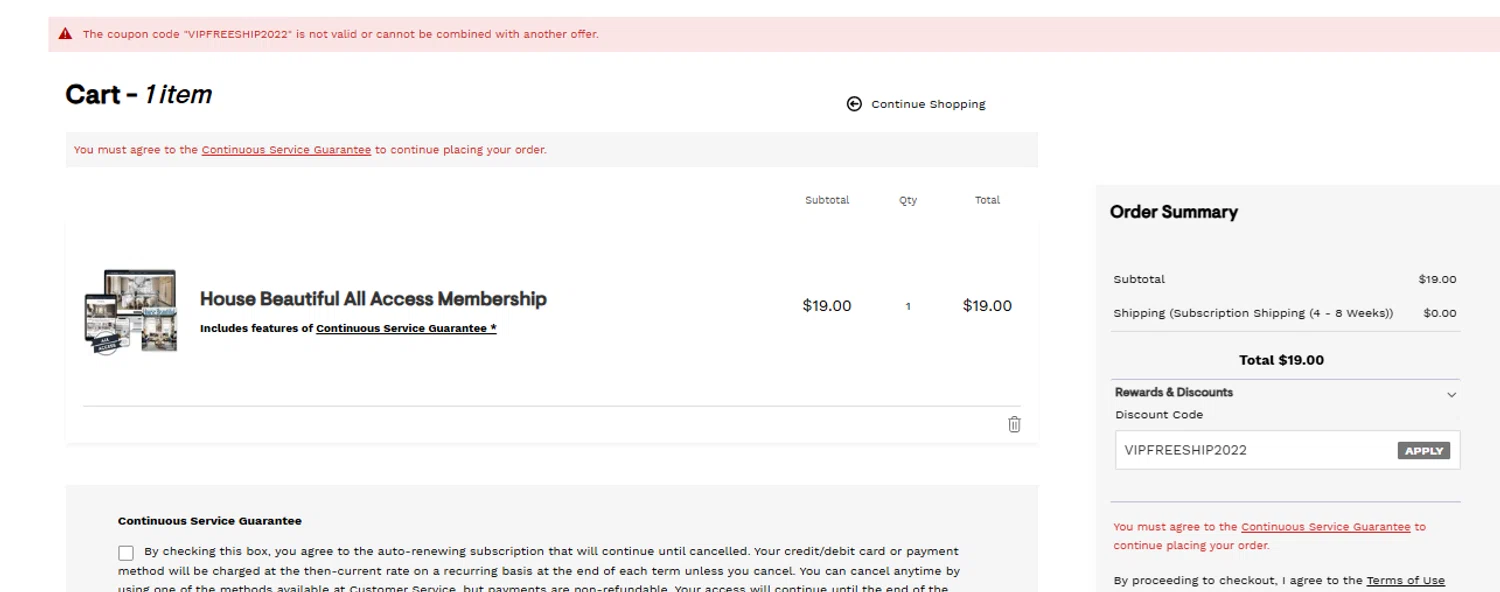 House Beautiful discount code screenshot showing code VIPFREESHIP2022 applied at House Beautiful checkout page. Uploaded by SimplyCodes community member tumdre on Sep 19, 2025