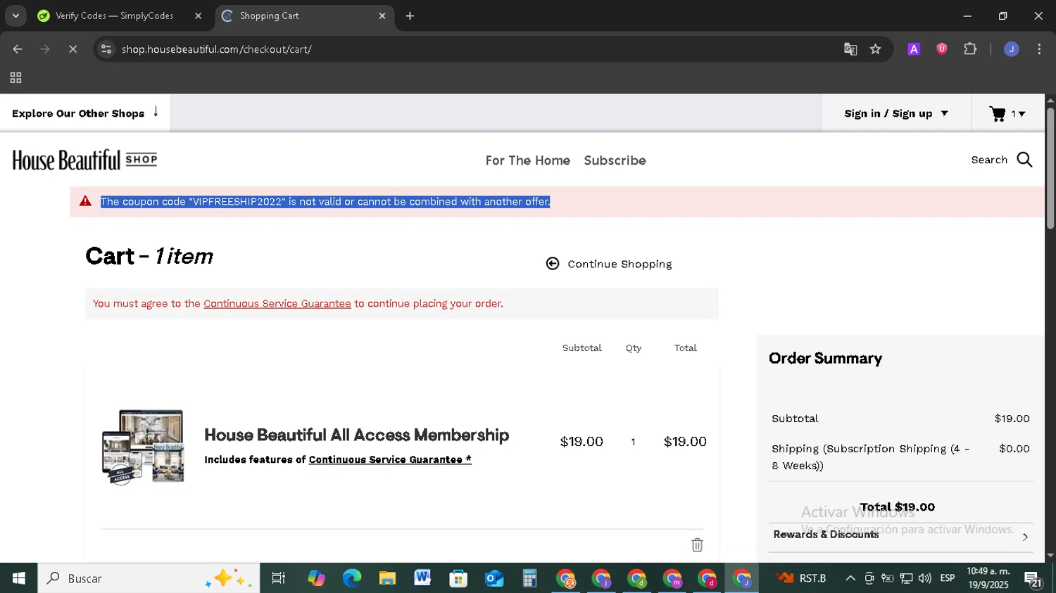 House Beautiful discount code screenshot showing code VIPFREESHIP2022 applied at House Beautiful checkout page. Uploaded by SimplyCodes community member EpicSage3474 on Sep 19, 2025