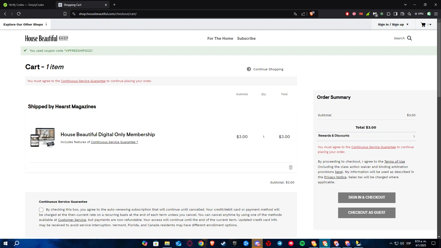 House Beautiful checkout page showing House Beautiful discount code box | Screenshot taken by SimplyCodes community member on Jan 4, 2025