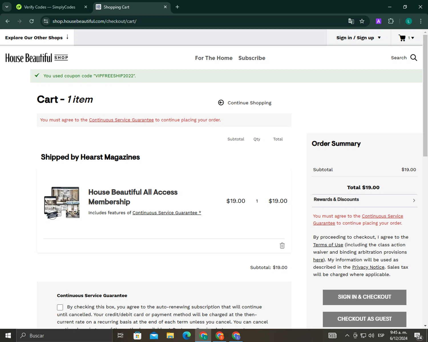 House Beautiful checkout page showing House Beautiful discount code box | Screenshot taken by SimplyCodes community member on Dec 6, 2024