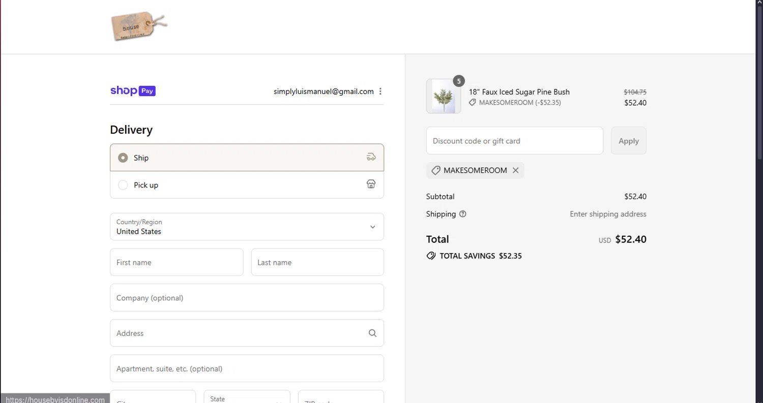 House by JSD Online promo code screenshot showing code MAKESOMEROOM applied at House by JSD Online checkout page. Uploaded by SimplyCodes community member MoneyScout2554 on Aug 3, 2025