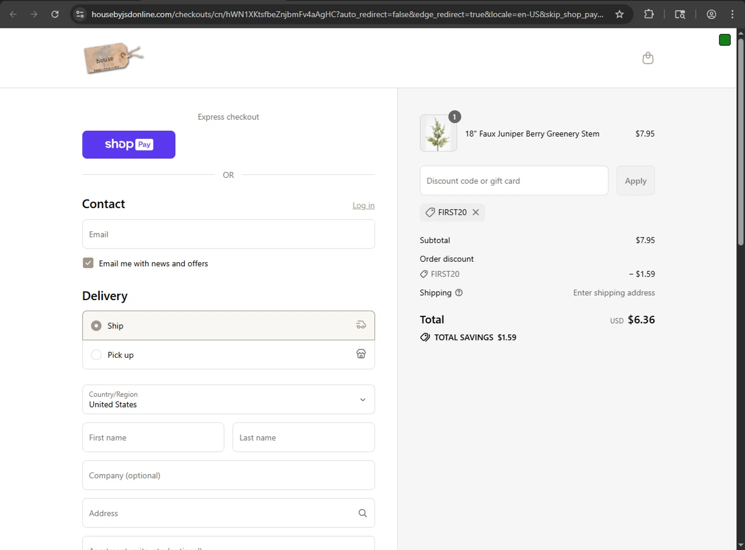 House by JSD Online promo code screenshot showing code FIRST20 applied at House by JSD Online checkout page. Uploaded by SimplyCodes community member RINITOSHI on Aug 7, 2025