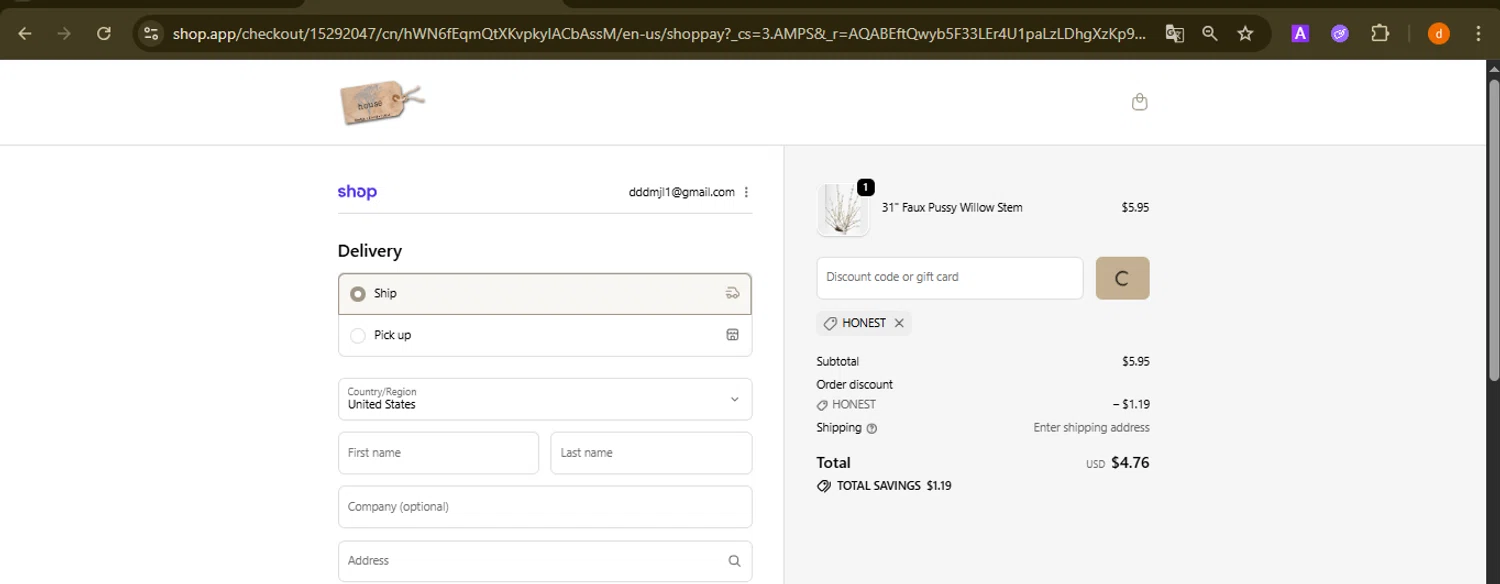 House by JSD Online promo code screenshot showing code HONEST applied at House by JSD Online checkout page. Uploaded by SimplyCodes community member PennyAdmiral6960 on Dec 20, 2025