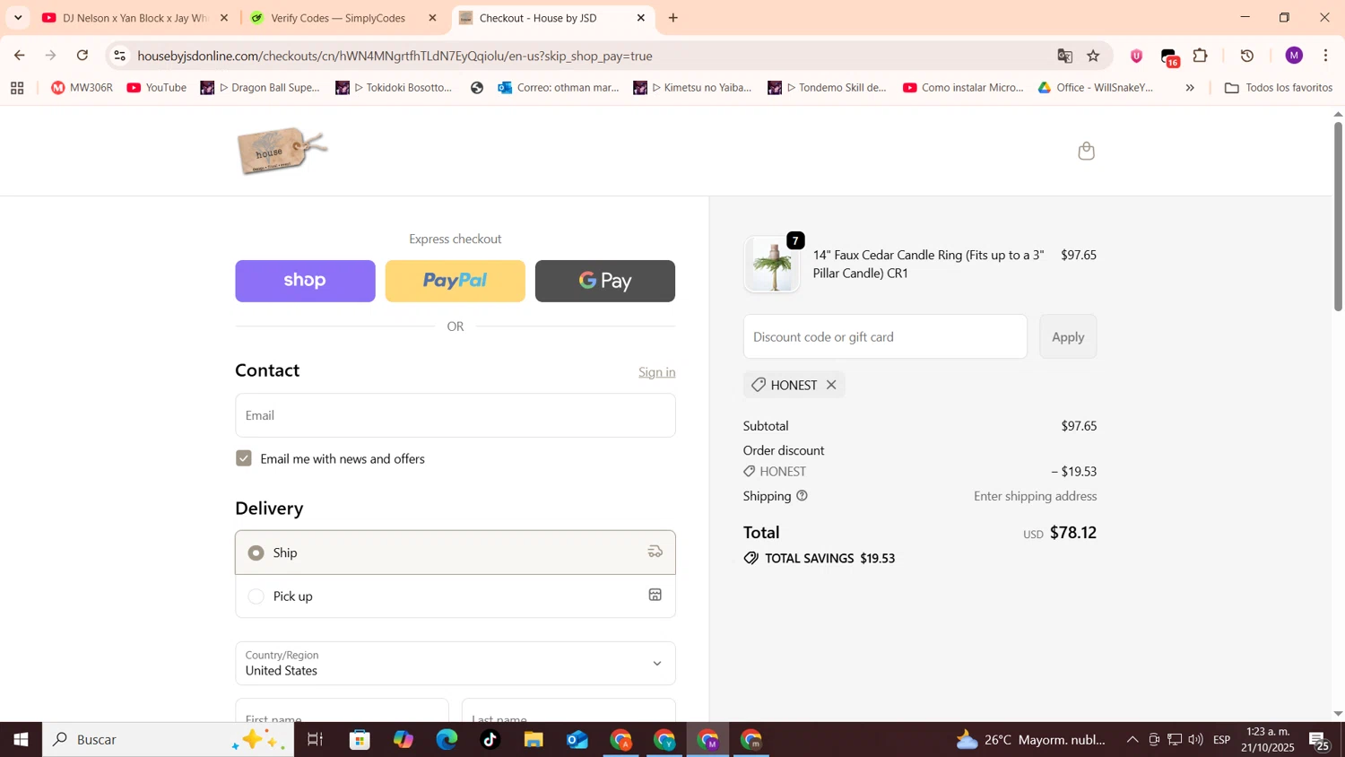 House by JSD Online promo code screenshot showing code HONEST applied at House by JSD Online checkout page. Uploaded by SimplyCodes community member cod_gakpo on Oct 21, 2025
