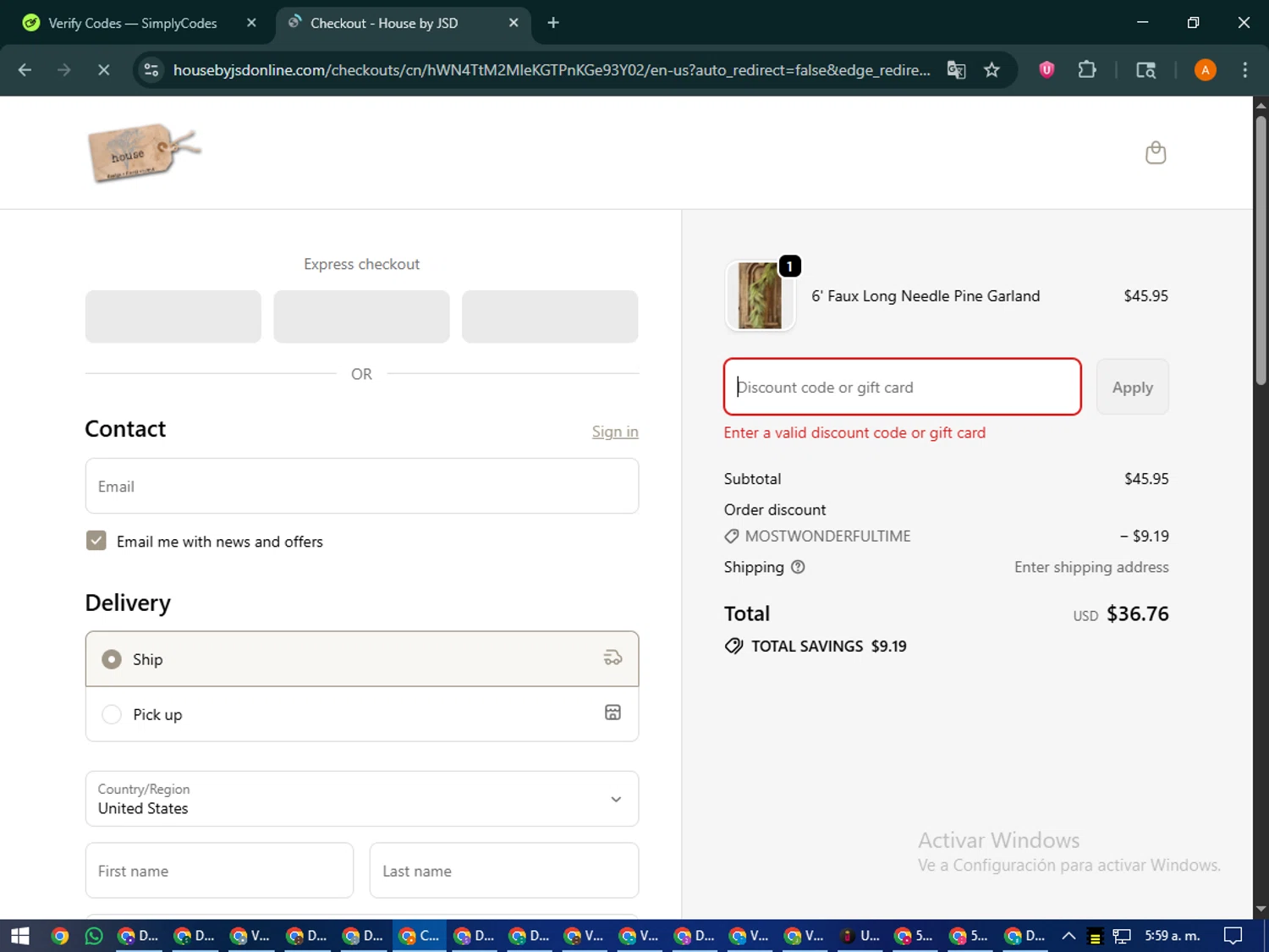 House by JSD Online promo code screenshot showing code MOSTWONDERFULTIME applied at House by JSD Online checkout page. Uploaded by SimplyCodes community member MoneyPhoenix4664 on Oct 24, 2025