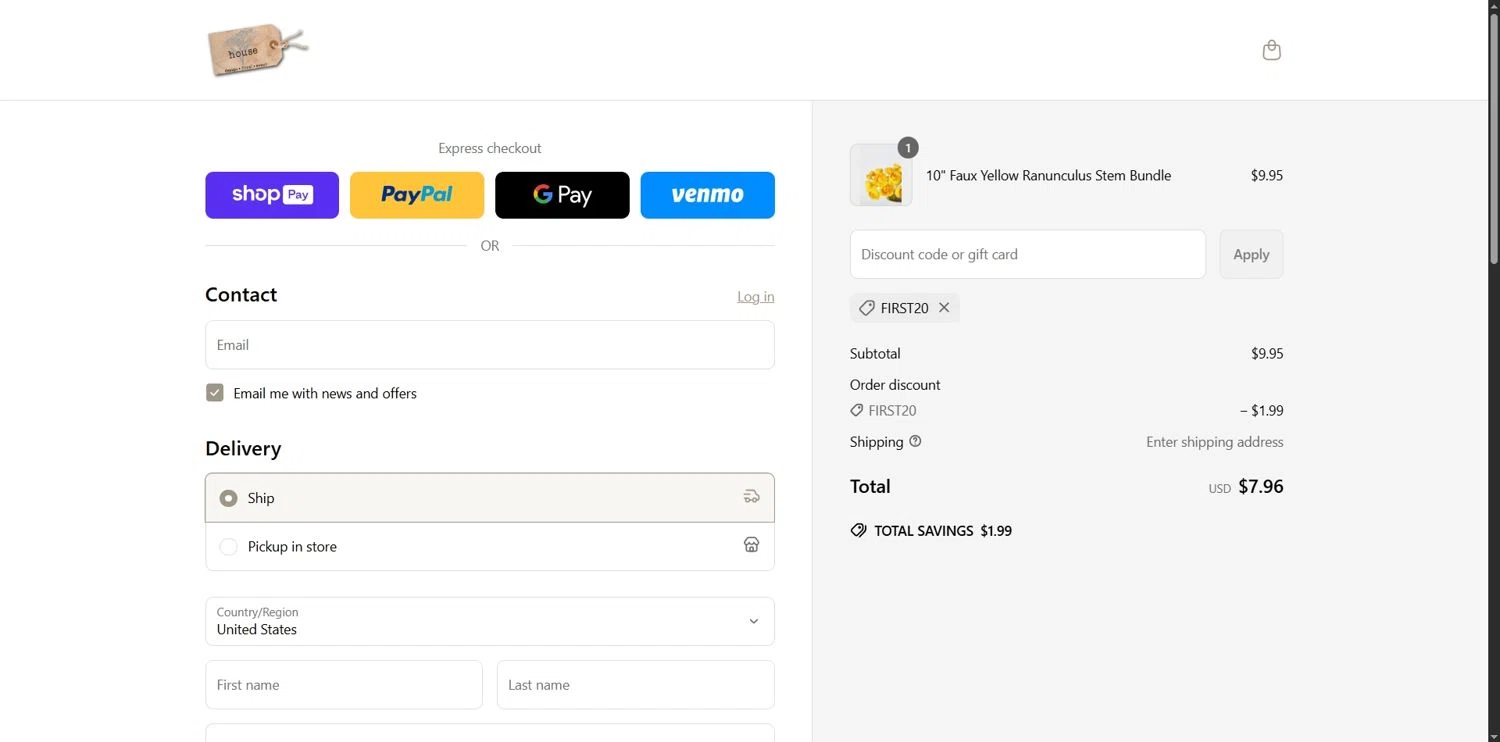 House by JSD Online promo code screenshot showing code FIRST20 applied at House by JSD Online checkout page. Uploaded by SimplyCodes community member Depressive on May 20, 2025