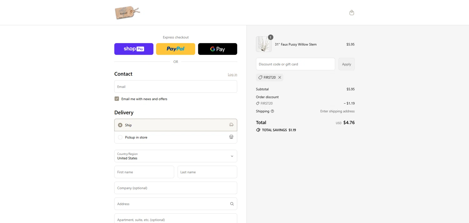 House by JSD Online promo code screenshot showing code FIRST20 applied at House by JSD Online checkout page. Uploaded by SimplyCodes community member ivantorres on Jul 7, 2025
