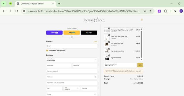 House&Hold checkout page showing House&Hold promo code box | Screenshot taken by SimplyCodes community member on May 1, 2025